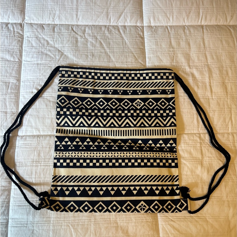 Tribal Print Drawstring Backpack Black & Cream Canvas Boho Gypsy Bag